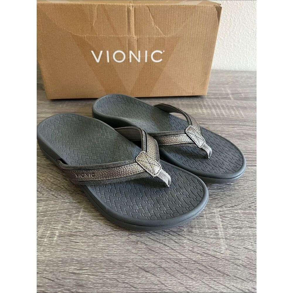 Vionic Orthotic Sandals Pewter Metallic flip flop Comfort Arch Support Women’s 7 - Picture 2 of 9
